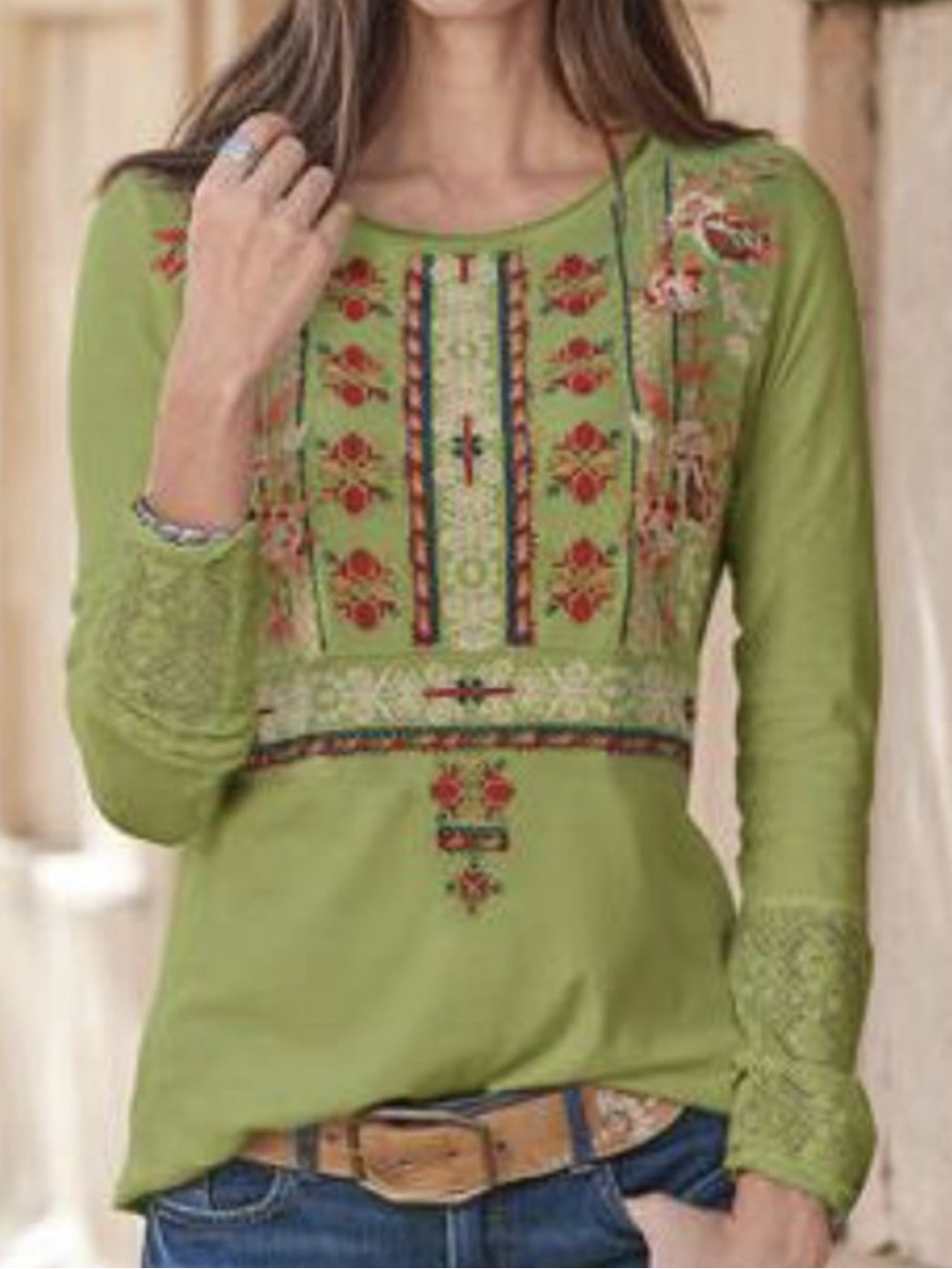 Sundance Embroidered L/S Lace Trim Cotton Top